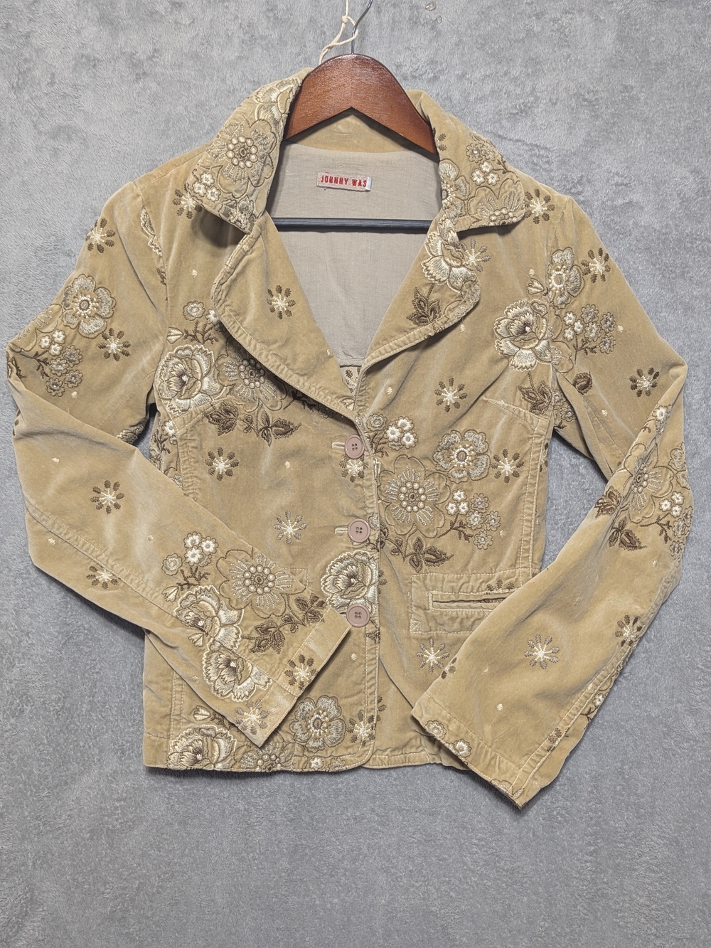 Johnny Was Beige Embroidered Floral Corduroy Jacket